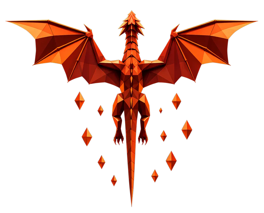 Draco — the low-poly dragon, wings spread, descending